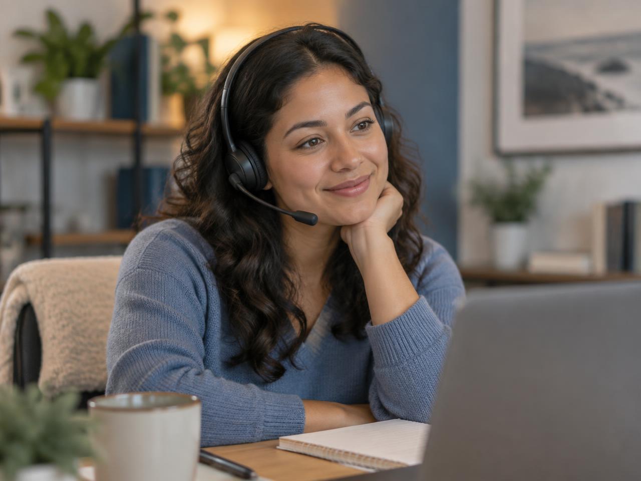 An advocate wearing a headset listens attentively during a call at her desk