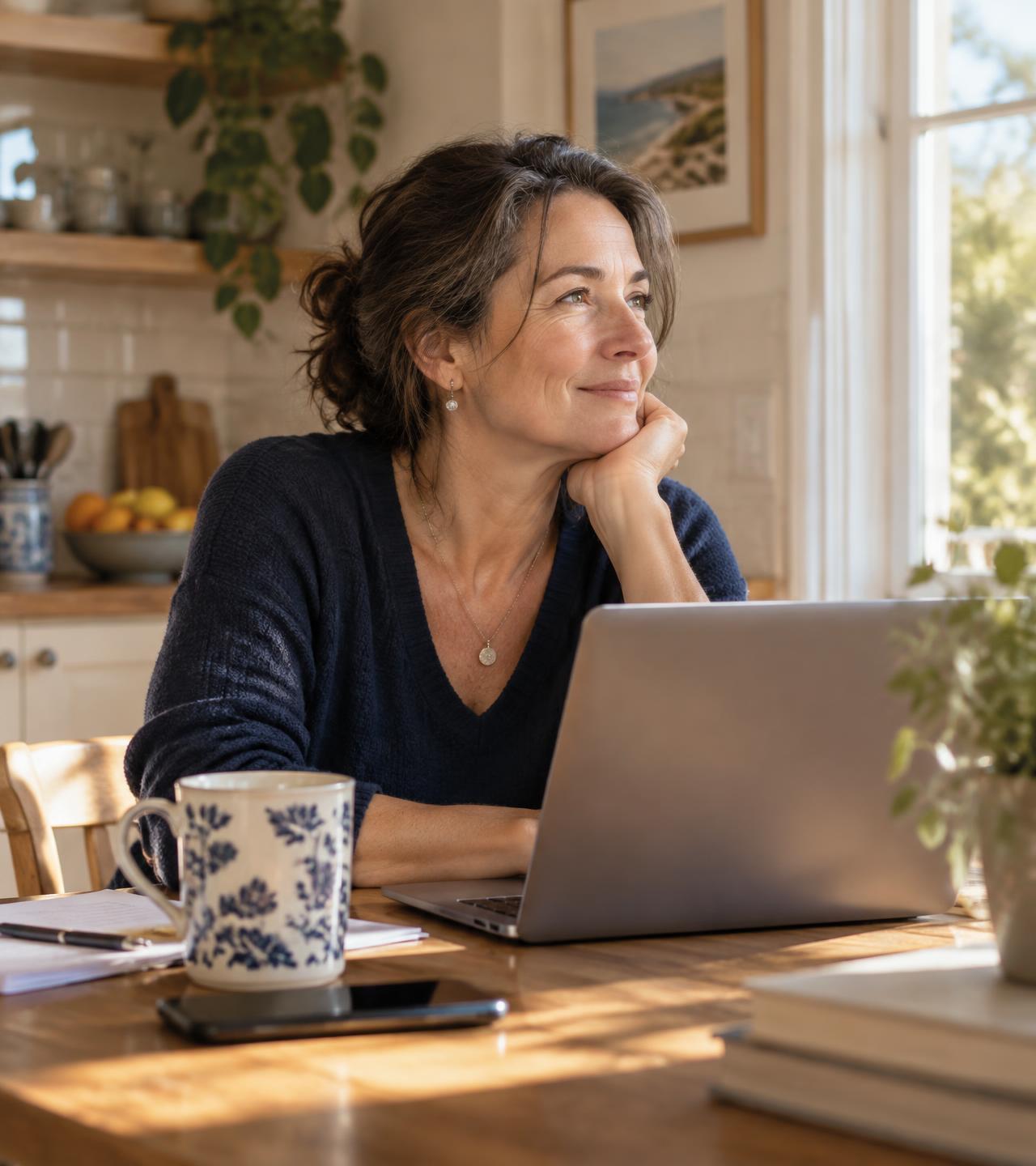 A woman in her fifties sits at her sunlit kitchen table with a laptop and a few papers, looking out the window